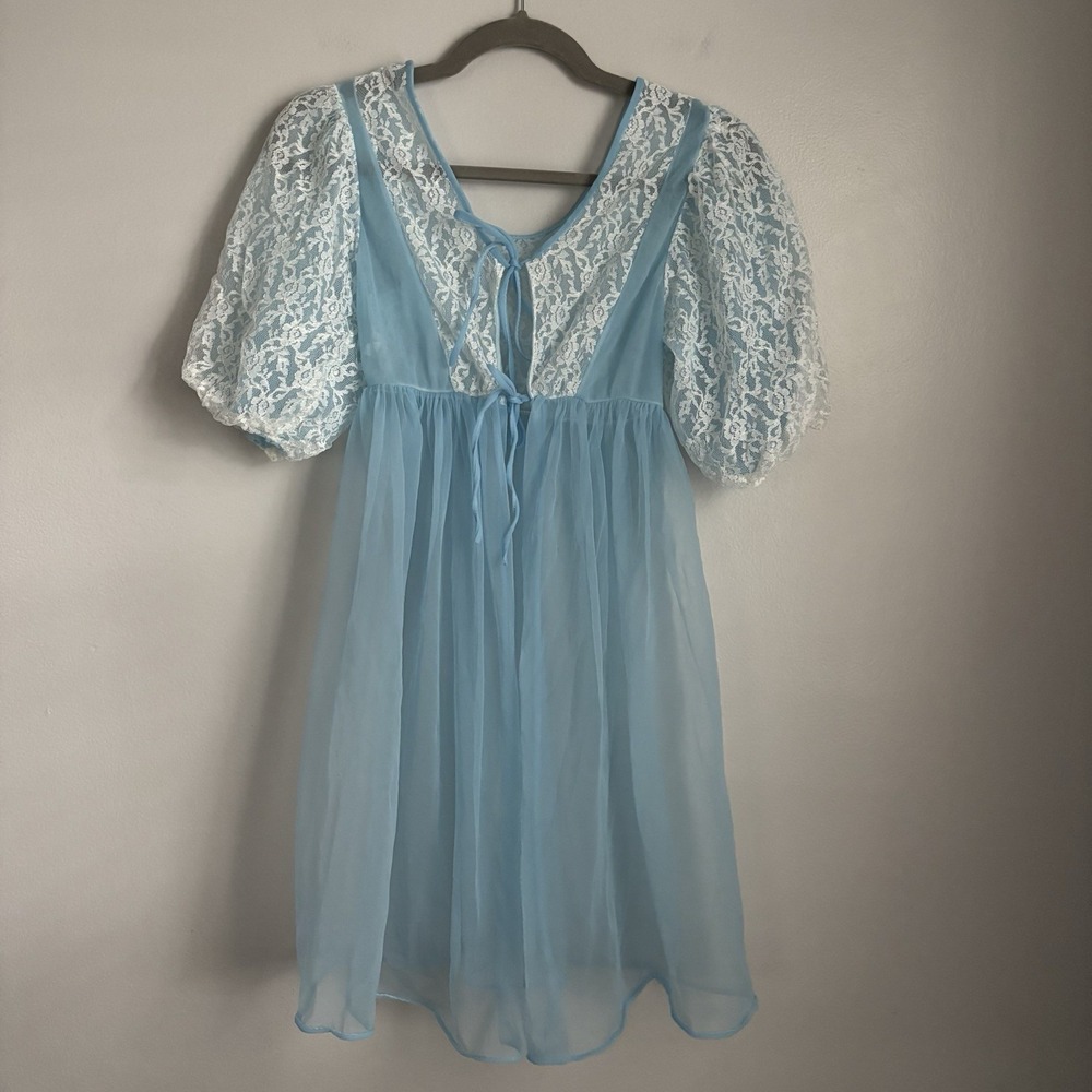 Vintage Sheer Blue Lace & Nylon Babydoll Peignoir Robe/ Bed Jacket Size Small